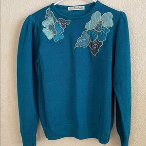 Teal Sweater with Floral Embroidery